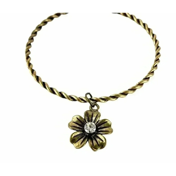 Bronze Tone Metal Charm Flower Rhinestone Bracelet - Picture 1 of 6